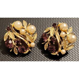 Lisner Clip On Earrings Goldtone Faux Pearls Purple Rhinestones Vintage